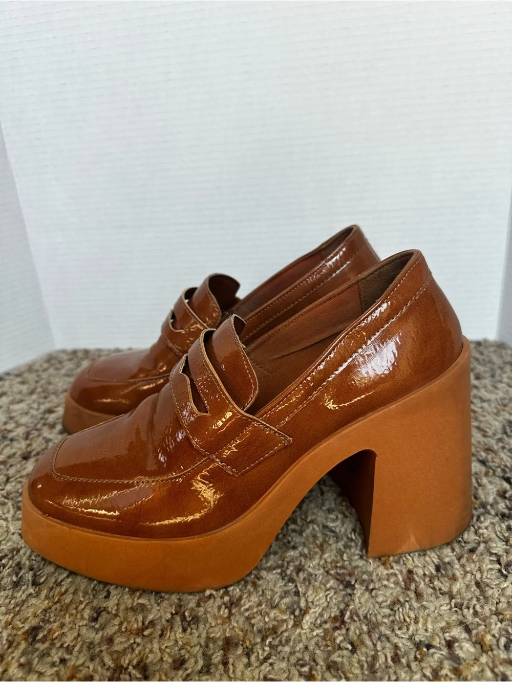 ASOS Patent Platform Loafers in Cognac